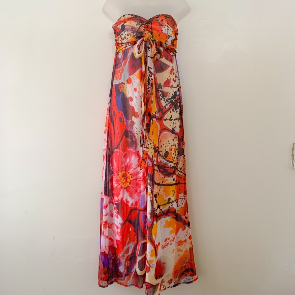 Floral strapless chiffon maxi
